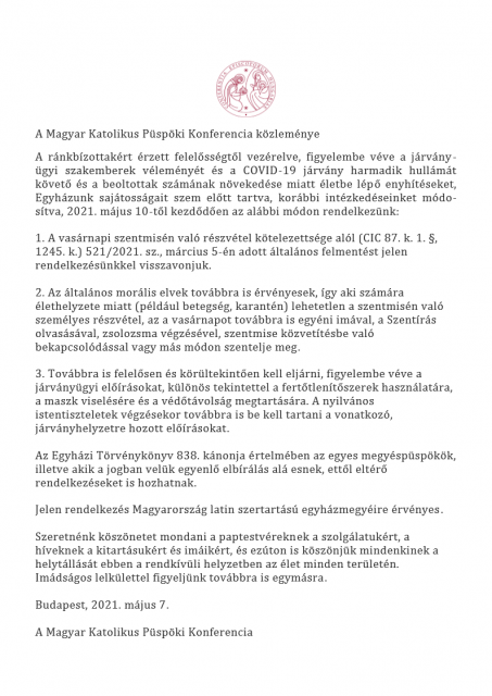Járványügyi rendelkezések az Esztergom-Budapesti Főegyházmegyében